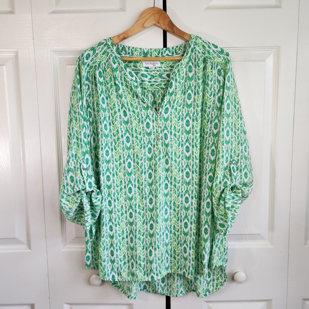 Kim Rogers Green Abstract Hi-Low Top PXL Roll Tab Western Tribal Boho Colorful
